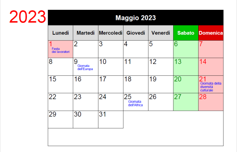 Calendario appuntamenti 2023